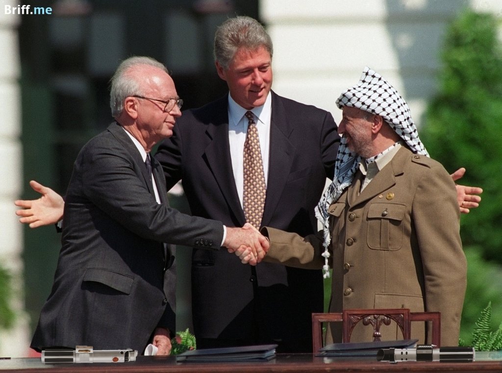 Peace Handshake Clinton Rabin and Arafat laying down Lightsabers from Star Wars - Briff.me