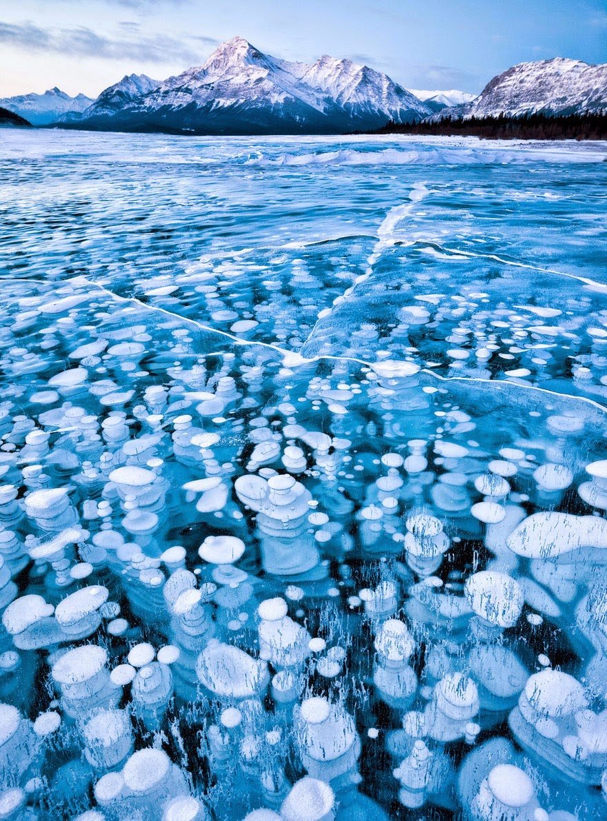Bubbles Under The Ice Of Abraham Lake, Canada Frozen Lakes