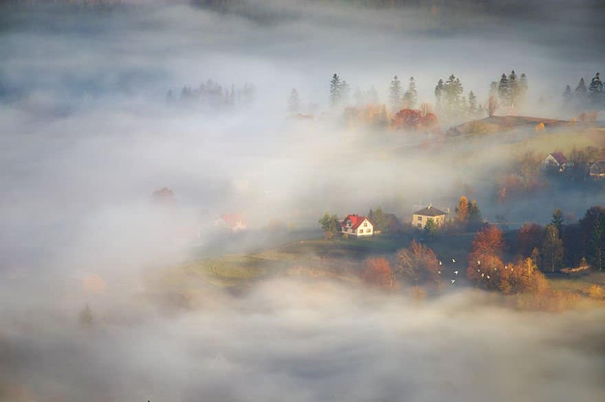 In the autumn valley Beskidy – Poland Misty Villages