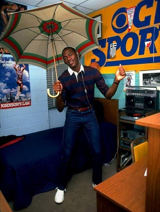 Michael Jordan in his dorm at college. [1982] Young Celebrity
