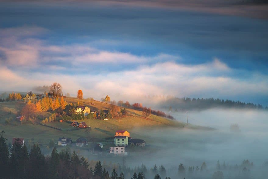 The first touch of light Beskidy – Poland Misty Villages