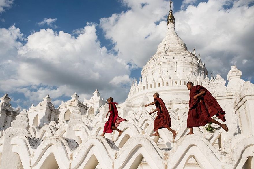 Young Buddhist Novices Play In Hsinbyume Pagoda, Mingun, Mandalay, Myanmar Photo Contest
