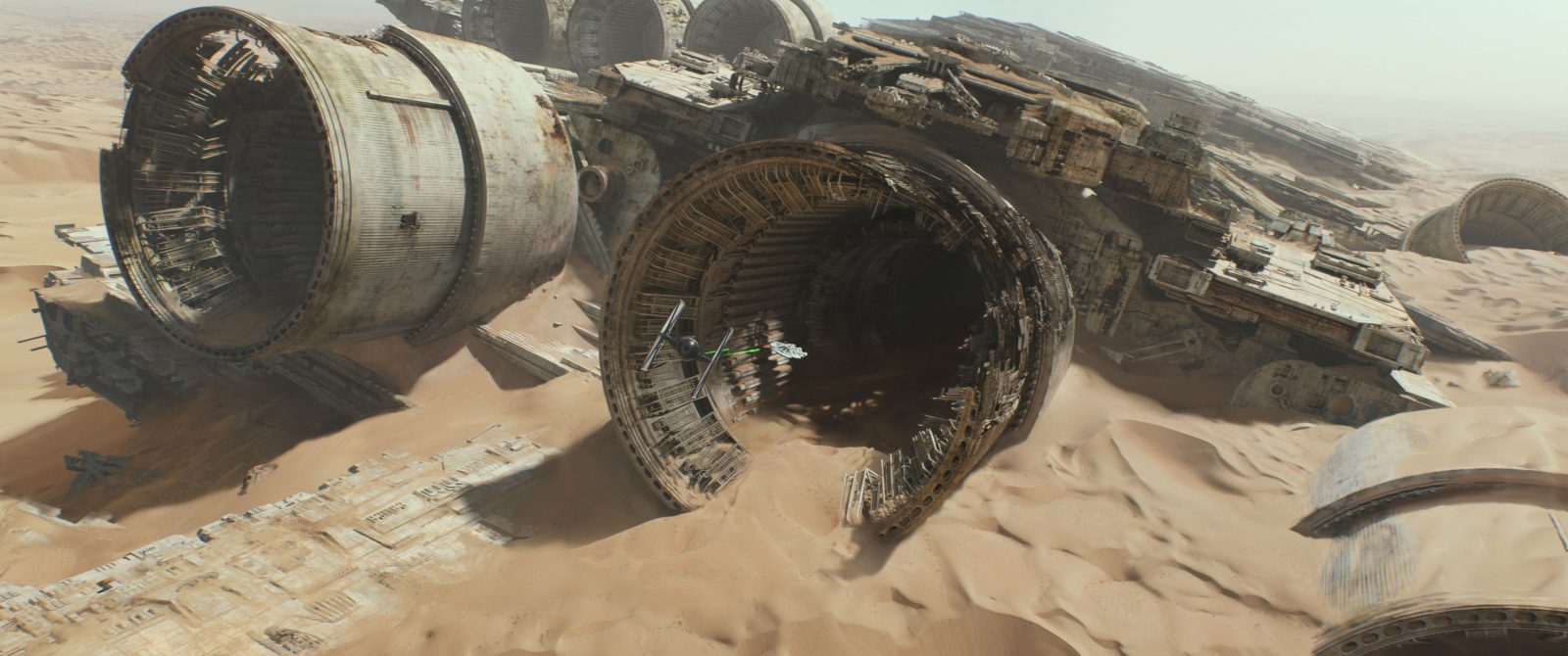 Star Wars VII The Force Awakens 19 - TIE Fighter chases Millennium Falcon into old starship